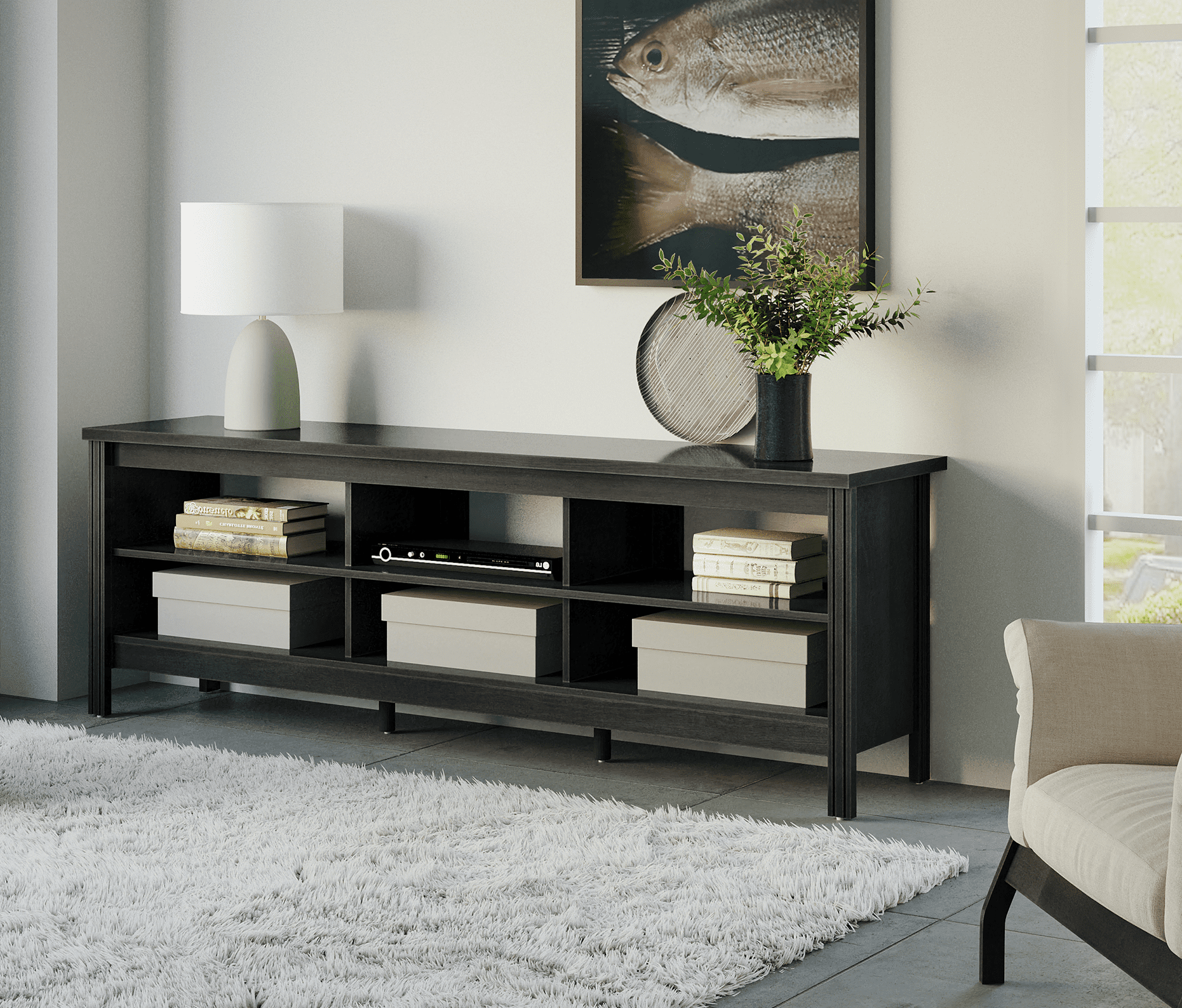 TV Stand for 75 Inch TV Entertainment Center Wood Television Table with 6 Open Shelves for Living Room, Black, 70 inch Sansujyuku sansujyuku.com