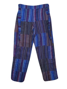 Mogul Women Pants Blue Red Handloom Cotton Striped Yoga Pant Side Pocket Patchwork Summer Bohemian Trouser Pants S/M