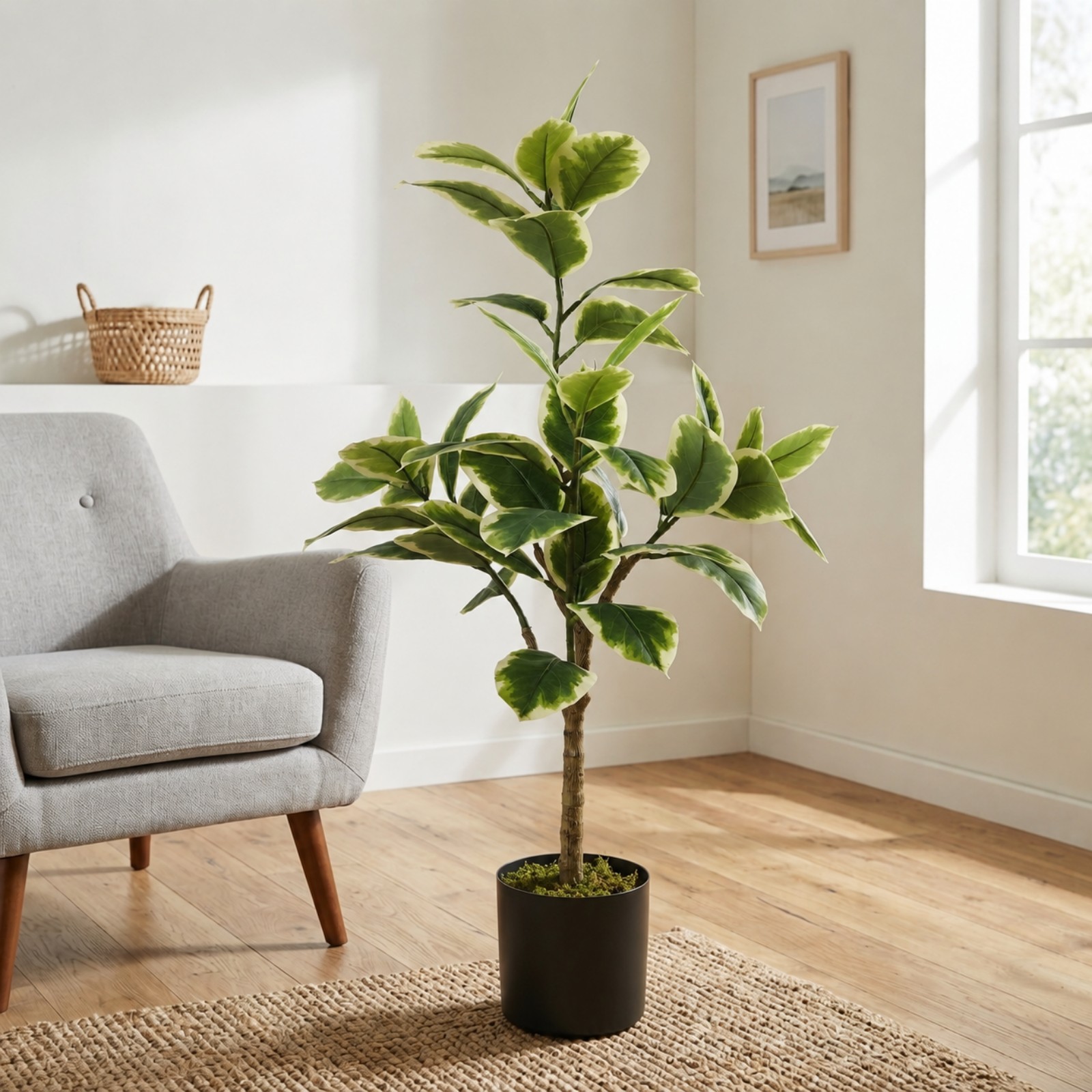BEAUTYPEAK 4FT Artificial Plant Fake Indoor Rubber Tree Decorative Outdoor Greenery in Black Pot