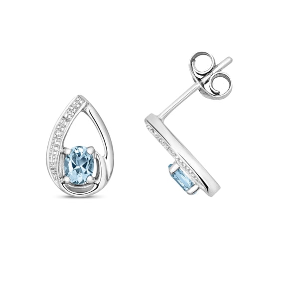 Stunning 9k White Gold Women Diamond Stud Earrings Brilliant Cut H - PK with Aquamarine - 11mm*7mm
