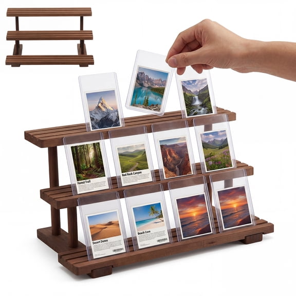 3-Tier Trading Card Display Stand, Wooden & Metal Card Slab Holder for PSA, CGC, BGS Graded Cards, Desktop Showcase Rack for Collectors