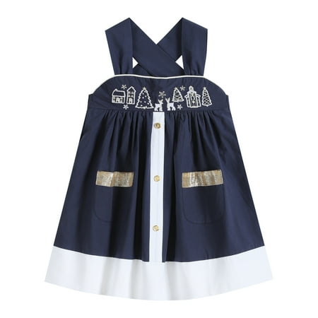 

Lil Cactus Baby Toddler Child Girl Navy and Gold Christmas Scene A-Line Dress