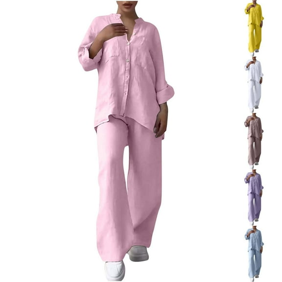 Autumn Plus Size 2 Piece Sets for Women Solid Color Retro Classic Wersatile Casual Cotton Linen Shirt Drawstring Wide Leg Pants Set Long Sleeved Round Neck Top/Shirt Set