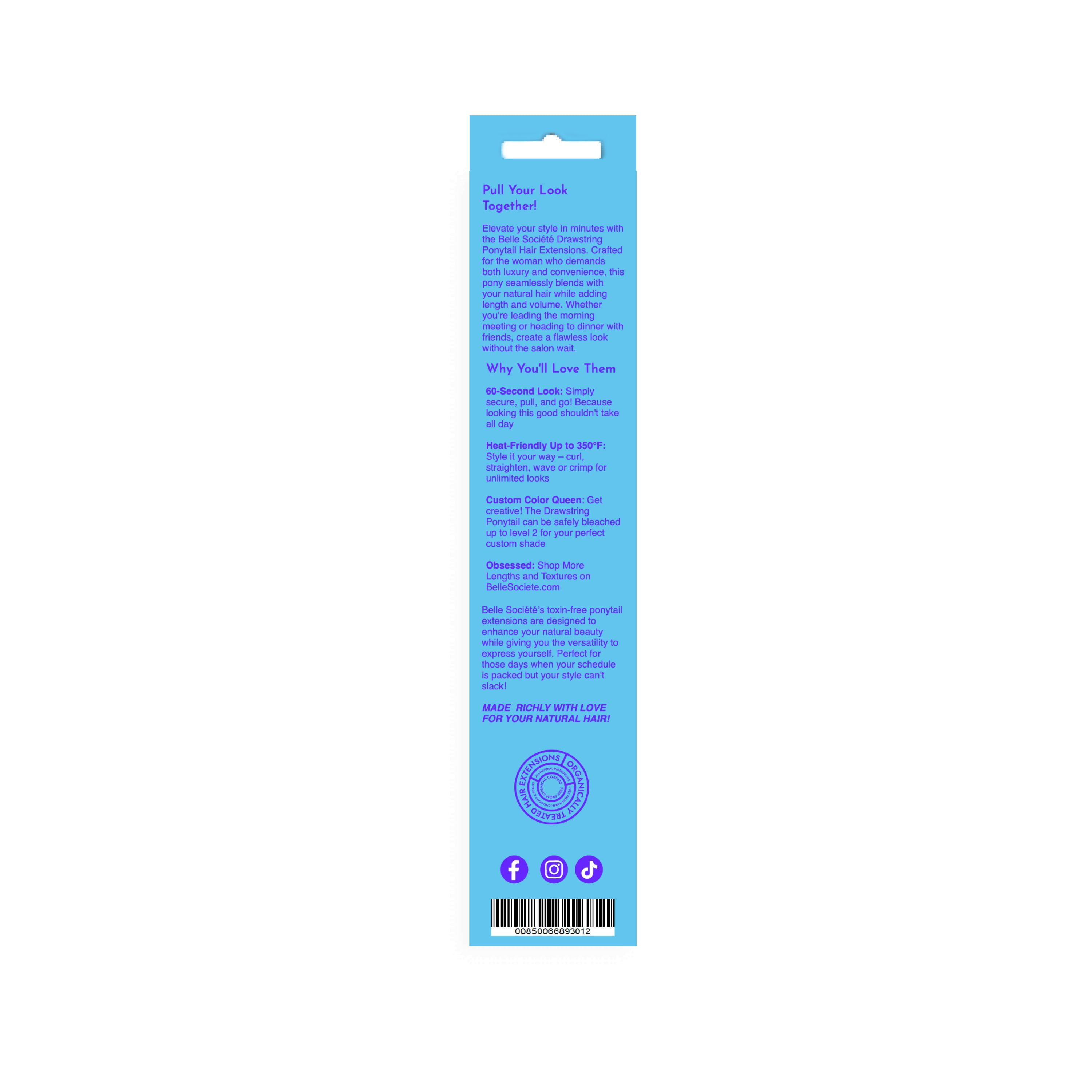 Belle Societe Silky Straight Drawstring Ponytail Extension, 20in, 140g, Color 1B, Non-Toxic, Organically Treated, Quick Easy Install