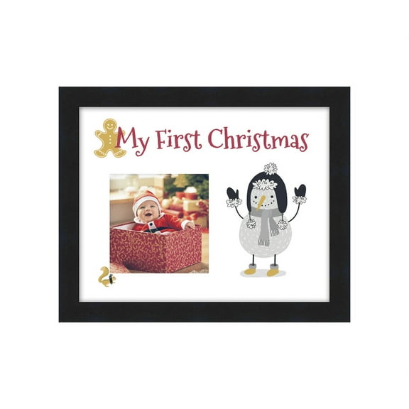 Baby's First Christmas Frame (White) Black Wood Frame with Christmas Decoration Mat for Photos