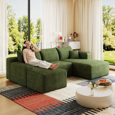 95" Green Fabric Sofa with Sectional, Living Room for Living Room