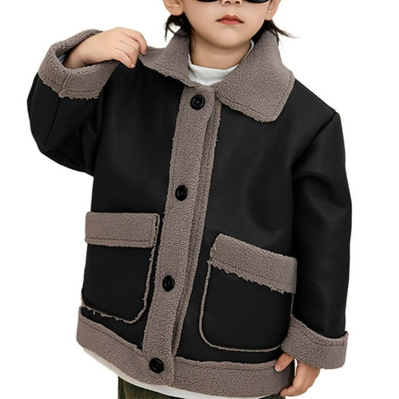 BFHHYA Kids Sherpa-Lined Faux Suede Jacket Boys Girls Button-up Warm Shearling Jacket Fashion Trucker Coat Outwear for Family Outings 4-11Y