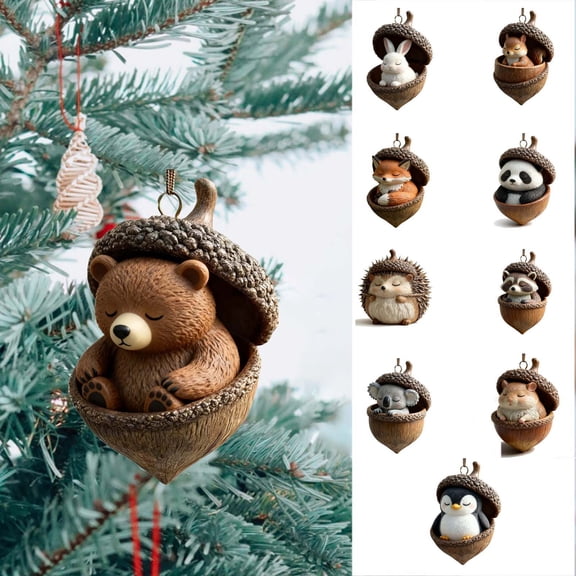 HomeDM Animal Acorn Ornaments Christmas Decorative, 2D Flat Acrylic Forest Animal for Christmas Tree Hanging Pendant 10cm/3.94" Xmas Holiday Party Decorations