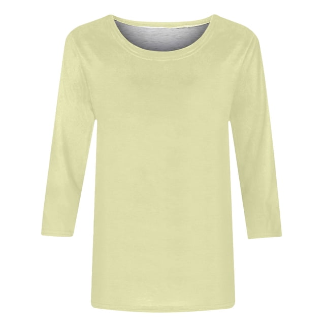 KIHOUT Hauts pour Femmes Manches Longues Liquidation Juniors Col Rond Hauts Décontractés Mode T-shirt Uni Manches 3/4 Blouse Mi-Longue Offres