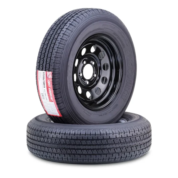 FREE COUNTRY Trailer Tire Wheel Assembly ST205/75R15 10-Ply E 110M Heavy Duty 2400lbs w/ 5 Lug on 4.5" PCD Black Mod Rim ,SET 2