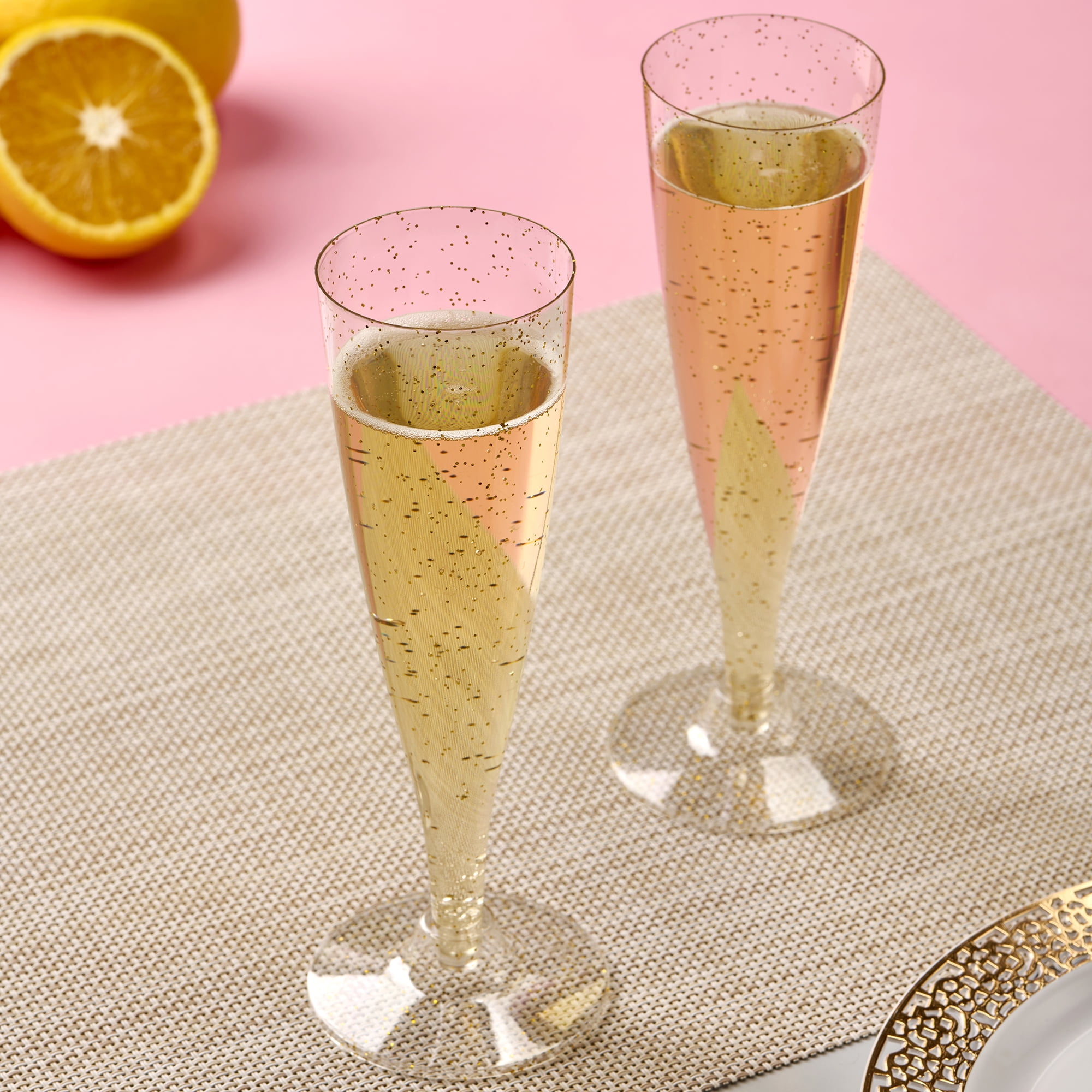 Oasis Creations Plastic Champagne Flute Glasses Set (100 count) 4.5 ounce - Gold Glitter Stem Cups- 2 Pieces- Ideal for Birthday Party, Wedding Reception, Office Parties, and other Celebrations!
