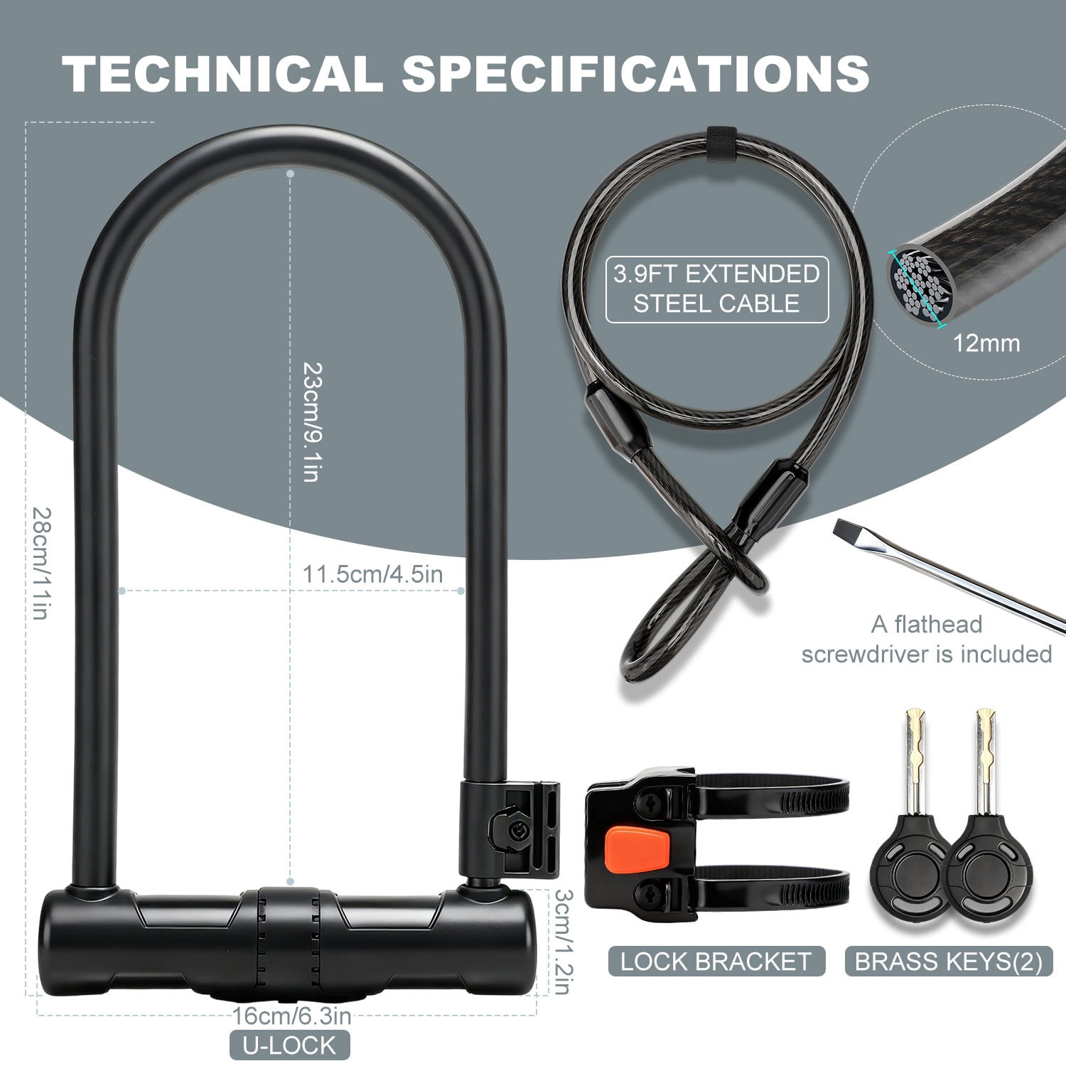 Apecyc 12mm U-Lock Bike Lock with 4ft Security Cable, Heavy Duty Bicycle Lock with Mounting Bracket & Dust Cover,Keyed Anti Theft Lock for Motorcycle, Ebike, Scooter