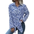 thumbnail image 1 of Blusa de mujer Poliéster Estampado de leopardo Cuello de solapa Un solo pecho Camisa de manga larga para mujer para fiesta de trabajo diario Azul XL, 1 of 7
