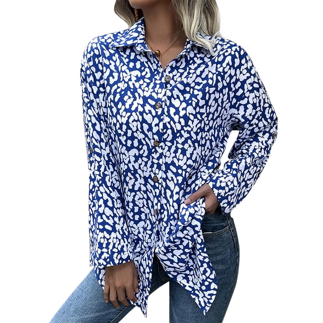 Blusa de mujer Poliéster Estampado de leopardo Cuello de solapa Un solo pecho Camisa de manga larga para mujer para fiesta de trabajo diario Azul XL