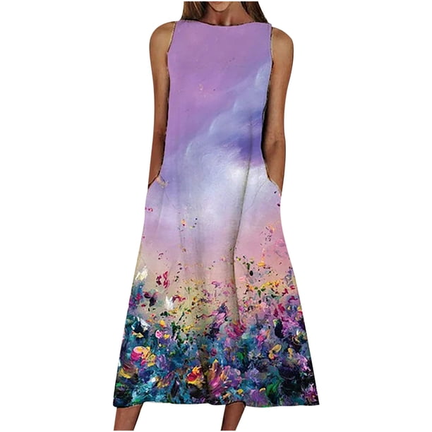 Vestido largo suelto sin mangas con bolsillo estampado informal de verano para mujer a la moda Fridja hjkh5197