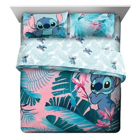 Lilo & Stitch Tropical Flowers Full Bedding Set, With 100% Microfiber Comforter Shams Flat sheet Fitted sheet Pillowcases, Pink
