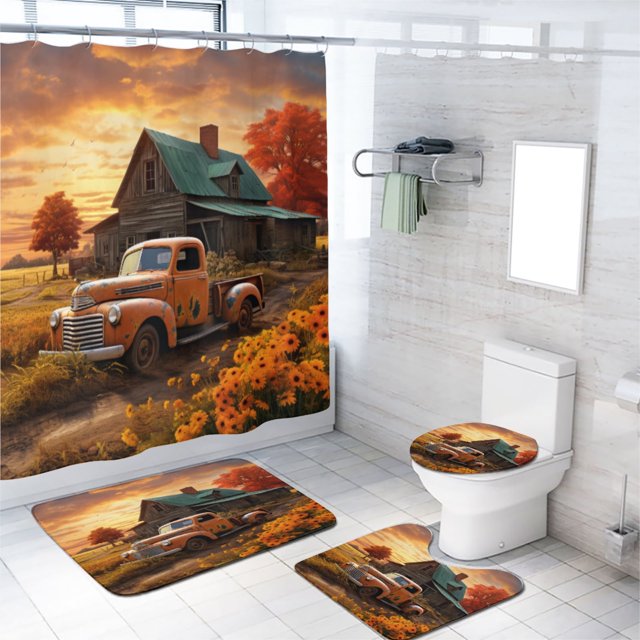 Juego de 4 cortinas de ducha con diseño de camión de granja vintage, diseño rústico de acuarela, estilo granero de madera, girasoles, con tapa de inodoro y alfombrilla de baño, cortina de ducha
