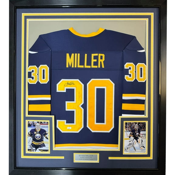 Framed Autographed/Signed Ryan Miller 35x39 Buffalo Blue Hockey Jersey JSA COA