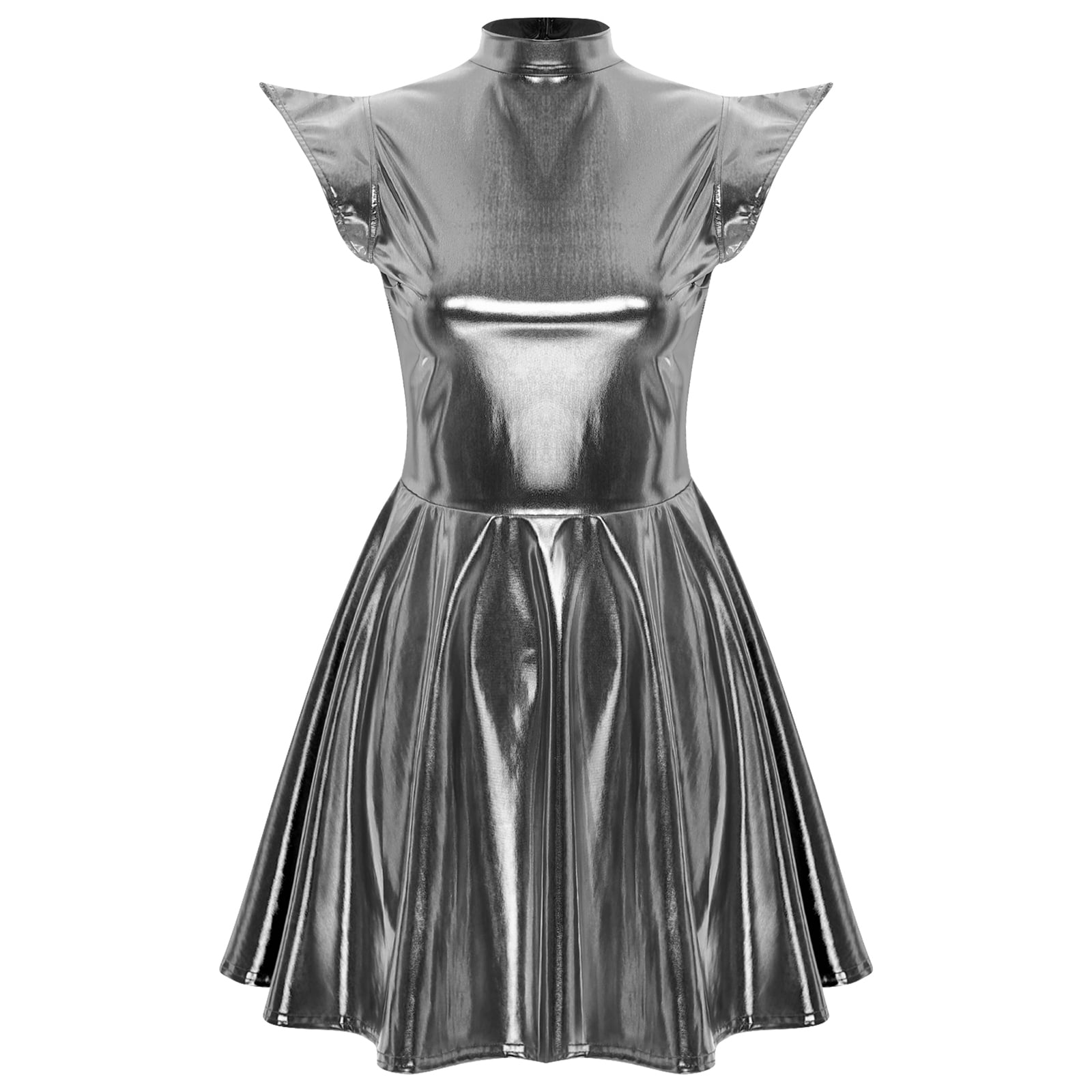 iiniim Women Shiny Metallic Holographic High Waisted Flare Skater Dress Carnival Party Grey S
