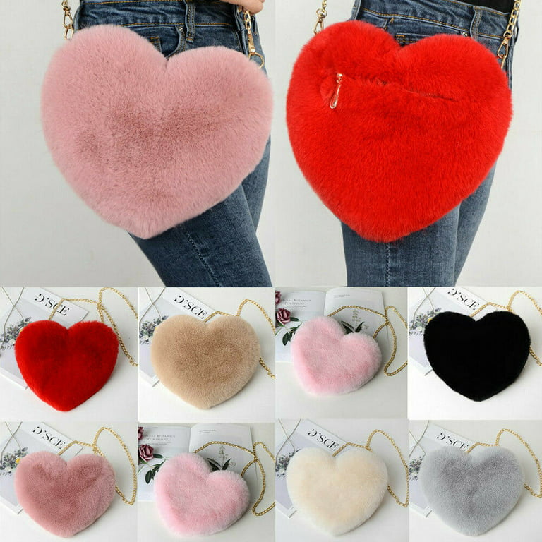 Nokiwiqis Fashion Casual Women Plush Love Shoulder Hairy Bag Valentine Day  Gift Heart-shaped Bag Coin Purses