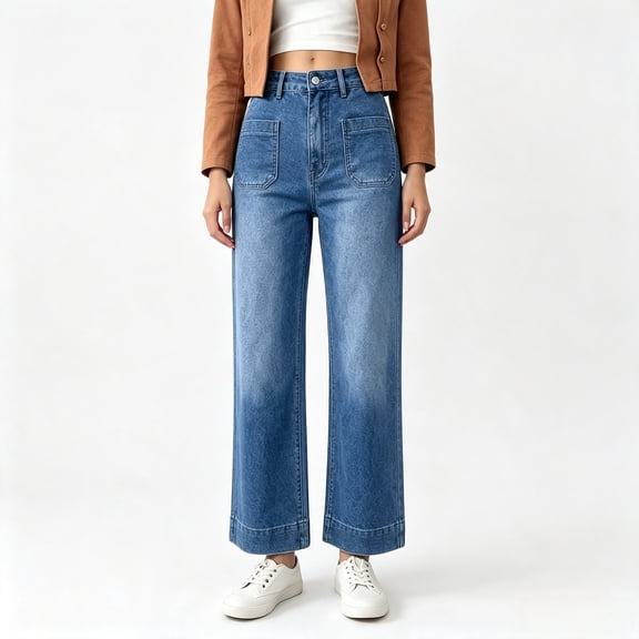 Women's High‑Rise Wide‑Leg Denim Jeans, Medium Wash Jeans with Square Patch Front Pockets & Wide Cuff Hem, Sizes 4‑18