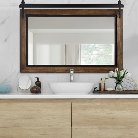 YOSHOOT Farmhouse Barn Door Mirror 40 x26  Rustic Bathroom Mirror  Wood Frame Wall Mirror  Wooden Mirror for Living Room Bedroom Entryway Wall Décor