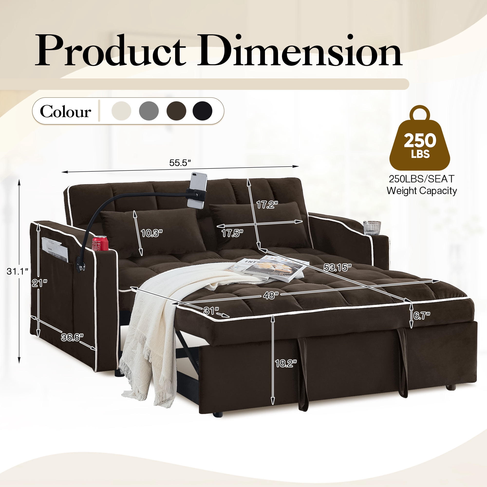 Dinosisco 4-in-1 Convertible Loveseat Sleeper, 55" Futon Sofa Bed with Phone Stand, USB, Brown Velvet