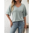 thumbnail image 4 of Womens V-Neck Tops Dressy Double Layer Bell Sleeve 3/4 Length Ruffle Sleeve T Shirts Bean Green XXL, 4 of 8