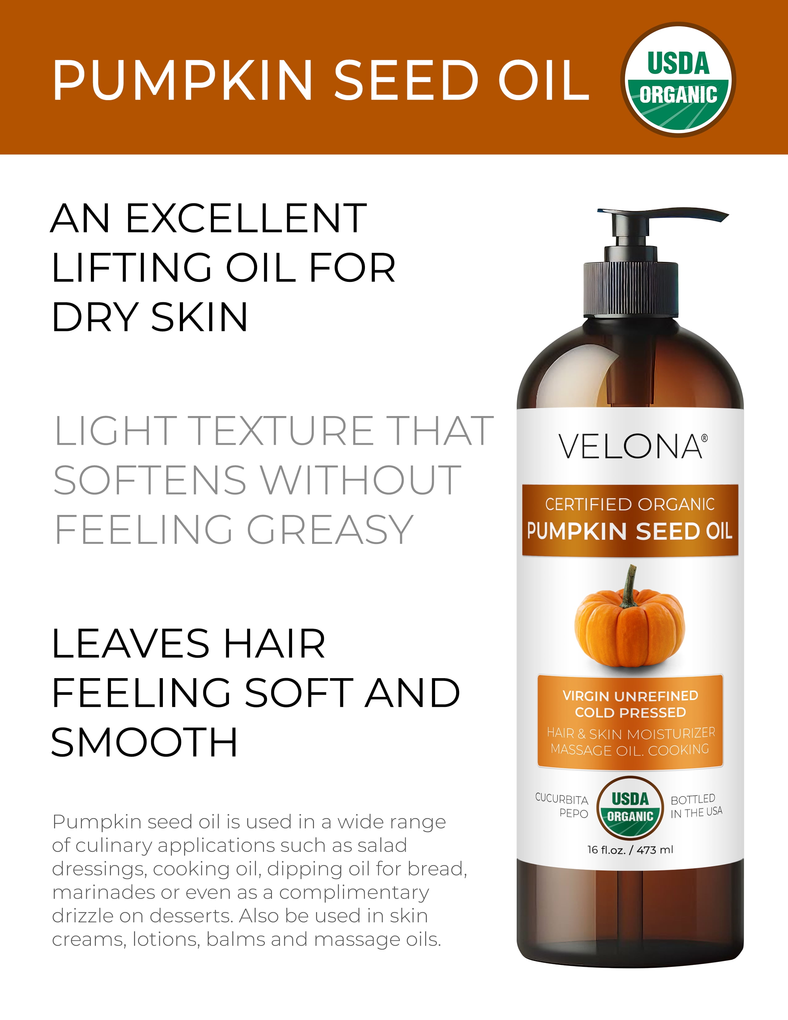 Velona Pumpkin Seed Oil USDA Certified Organic - 32 oz | 100% Pure and Natural Carrier Oil | Unrefined, Cold Pressed | Cooking, Face, Hair, Body & Skin Care