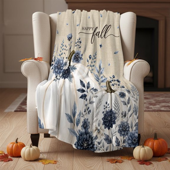 Throw Blanket Fleece Throw Blanket 40x50in, Thanksgiving White Pumpkin Soft Lightweight Bed Blankets Fall Blue Flower Leaf Retro Linen Fuzzy Couch Blankets for All Season
