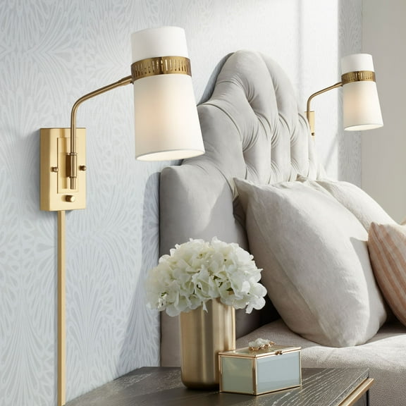 Possini Euro Design Cartwright Modern Wall Lamp Set of 2 Brass Plug-In 6" Fixture Swing Arm Linen Cylinder Shade for Bedroom