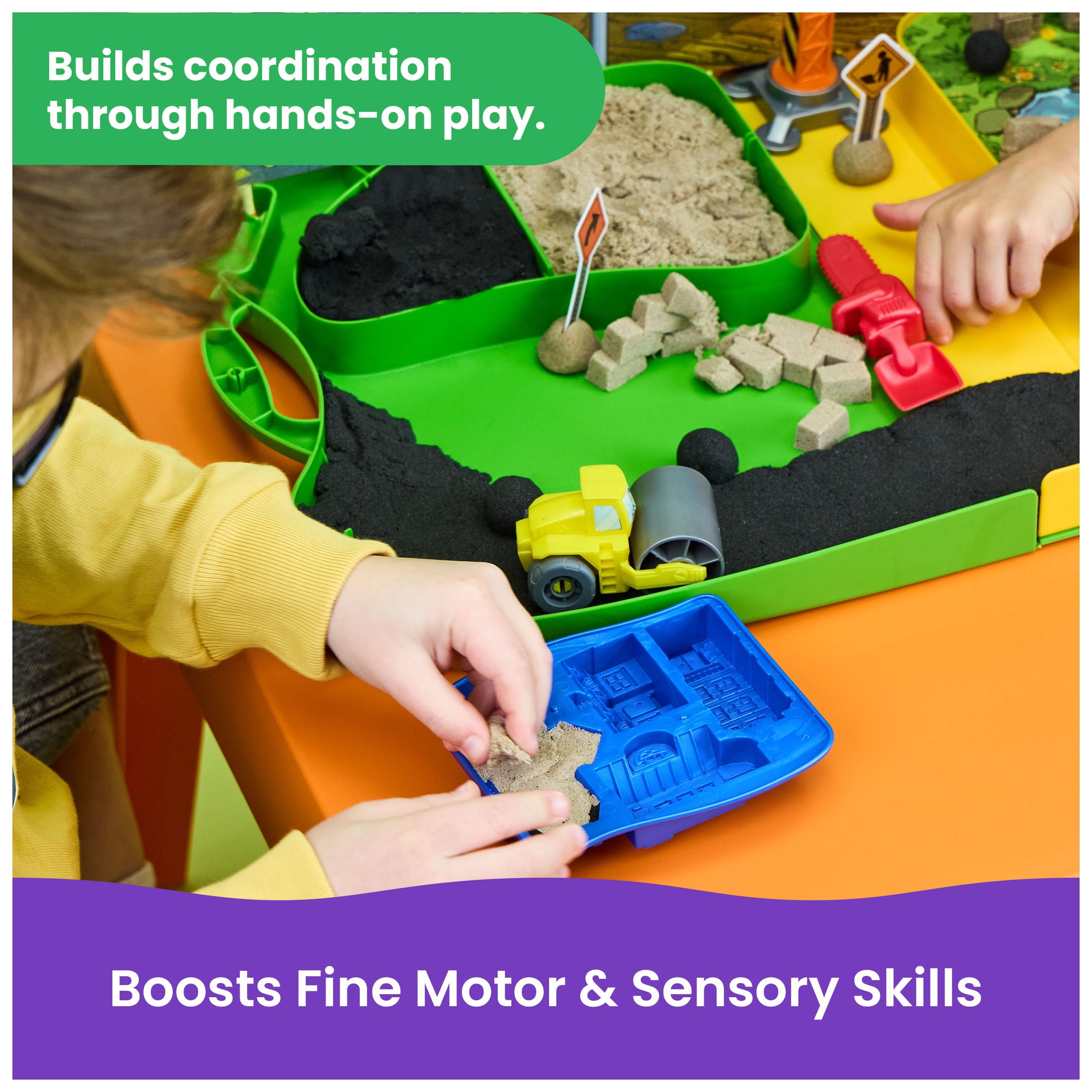 Kinetic Sand, Construction Zone with 1.75lb Sand, 2 Vehicles, Tools & Storage Case