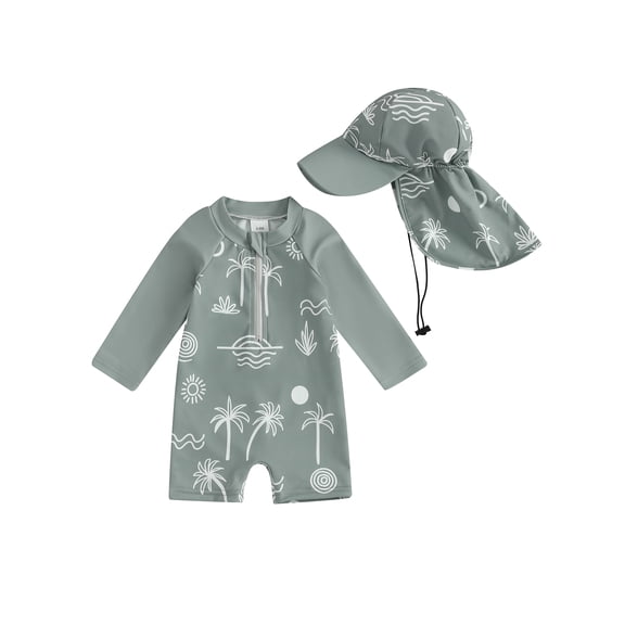 BemeyourBBs Toddler Baby Boy Girl One Piece Swimsuit with Sunhat Set Newborn Infant Bathing Suit Long Sleeve Rash Guard Half Zipper Coconut Tree Swimwear Beachwear UPF 50