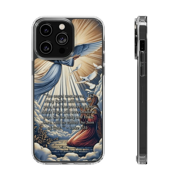 DistinctInk Hybrid (Acrylic / TPU) Clear Slim Fit Case for Apple iPhone 14 PLUS (6.7" Screen) - "The Holy Spirit's Power: Luke 1:35 - Son of God"