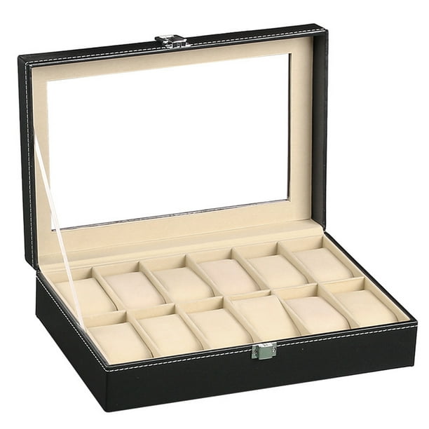 12 Slot PU Leather Watch Box Display Case Jewelry Organizer with Glass ...