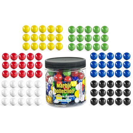 Chinese Checkers Glass Marbles. Set of 90, 15 of Each Color. Size 9/16” (14mm), with Practical Container