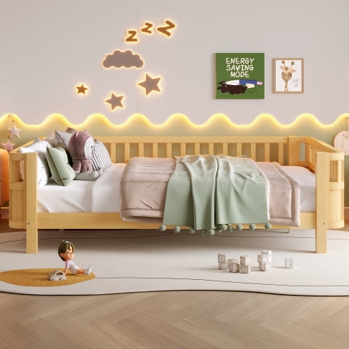 Bellemave Full Size Bed Frame, Full Montessori Bed with Safety Guardrails and Detachable Fence, Wooden Platform Bed Full Daybed Frame, Low Profile & Rounded Corners Design, Natural