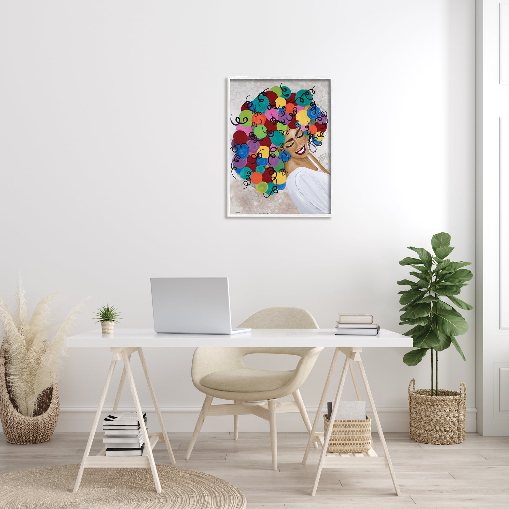 Stupell Industries Smiling Woman With Rainbow Abstract Curly Hair Graphic Art White Framed Art Print Wall Art, 24x30, by Gina Ritter