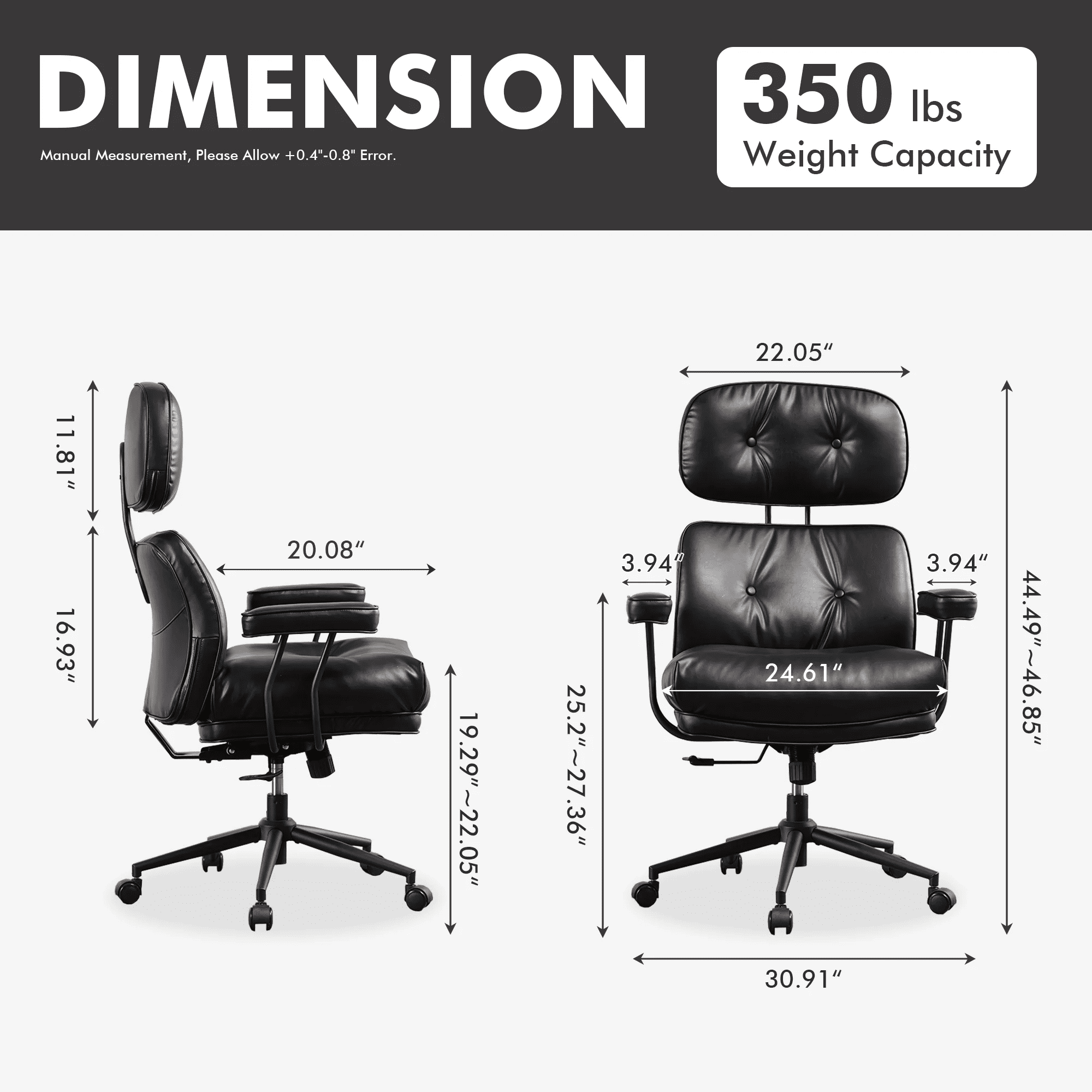 Vcatnet Ergonomic Executive Office Chair, High Back Computer Chair with Lumbar Support, PU Leather Mid-Century Modern Adjustable Home Office Desk Chair, Black