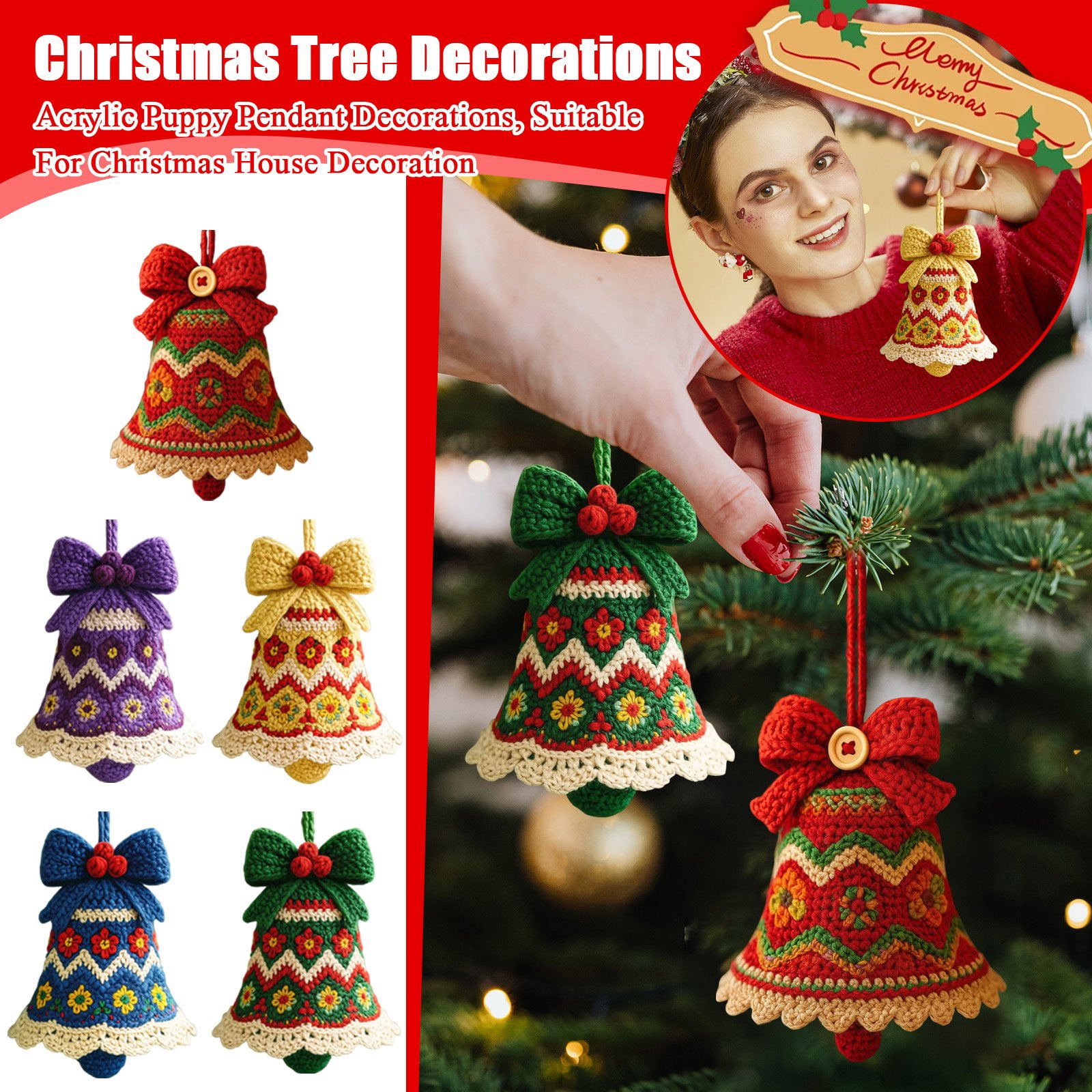 YWIYIUD 4inch DIY Crochet Ornament Kit, Christmas Bell Crochet Craft Kit with Yarn for Beginners, Christmas Bell Decoration Crochet Doll Hanging Ornament, Beginners Craft Decor 1PCS