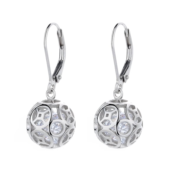 14K White Gold Plated Filigree Ball Leverback Drop Earrings