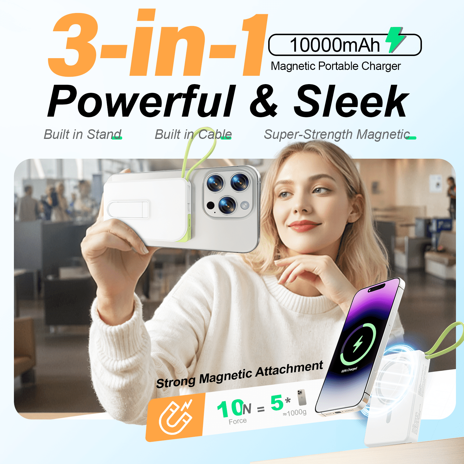 Magnetic Portable Charger, 10000mAh Wireless Power Bank 22.5W Fast Charging Battery Pack Compatible with iPhone 17/16/15/14/13 Series, White