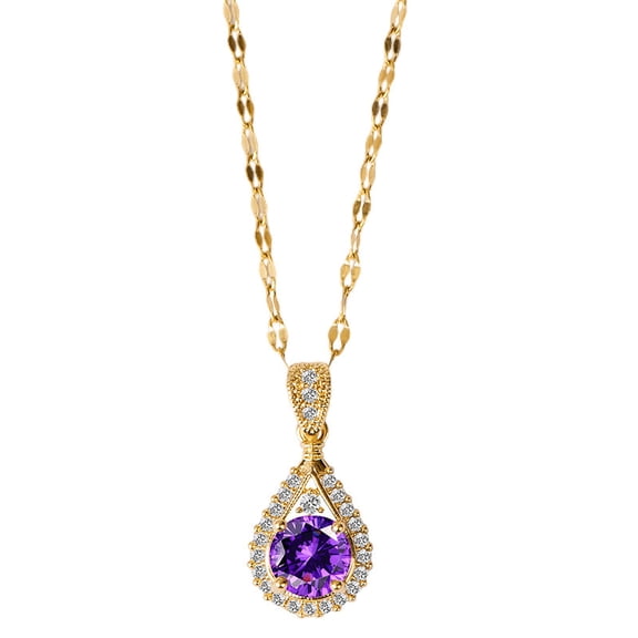 Gold Plated Simulated Amethyst Pendant Necklace Set, Purple CZ Halo Teardrop Heart Circle Necklace for Women, Dainty Wedding Birthday Jewelry Gift