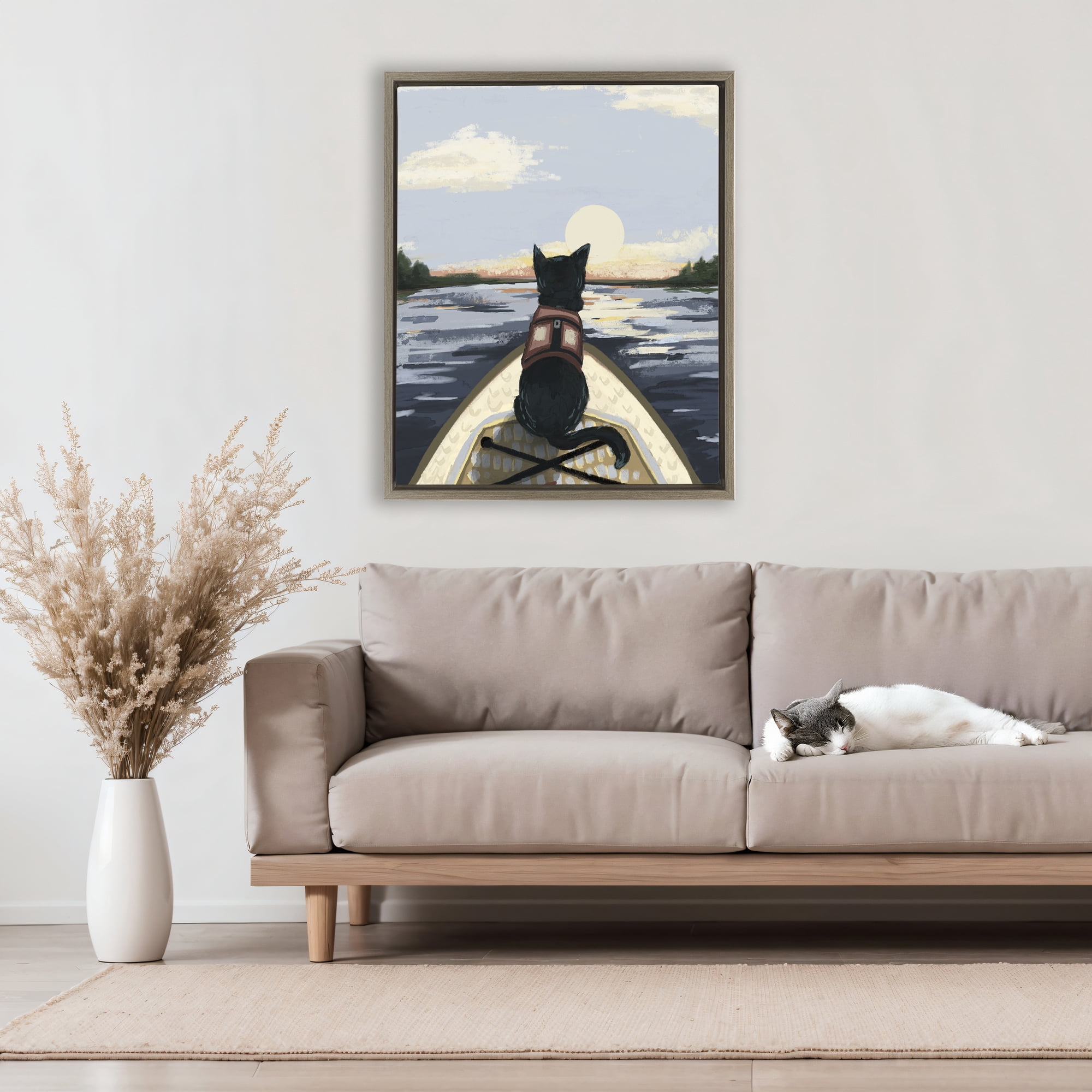 Stupell Industries Peaceful Cat Viewing Lake Brown Framed Floater Canvas Wall Art, design by Denise Bartkus