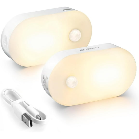 EnjinZZ Rechargeable Battery Night Light with Motion Sensor, Portable Mini Warm White LED Stick-on Closet Light, Adjustable Brightness for Bathroom, Bedroom, Kitchen, Cabinet, Stairs, Hallway, 2-Pack