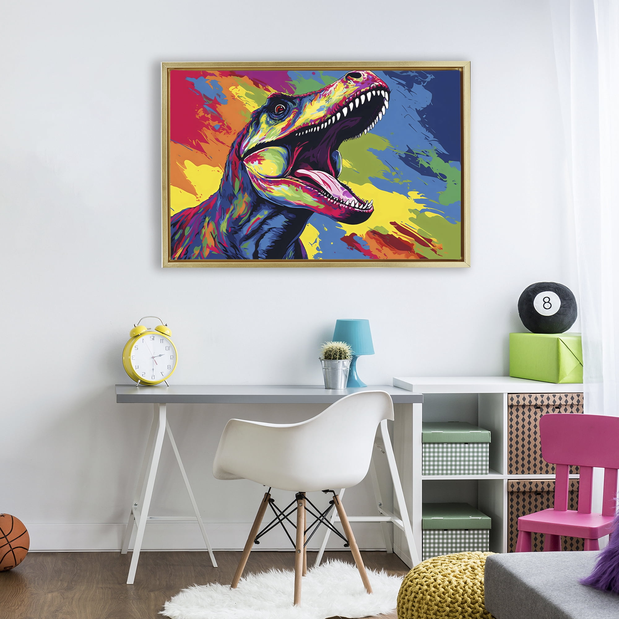 Stupell Industries Brightly Colored Dinosaur Gold Framed Floater Canvas Wall Art, design by Creative Studio