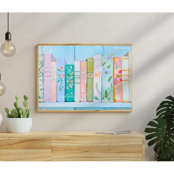 Pastel Books Print - Bookshelf Wall Art - Over Bed Or Over Couch Art - Soft Blue And Pink Floral Book Lover Print Wall Art, Modern Wall Decor, 8x12 UNFRAMED