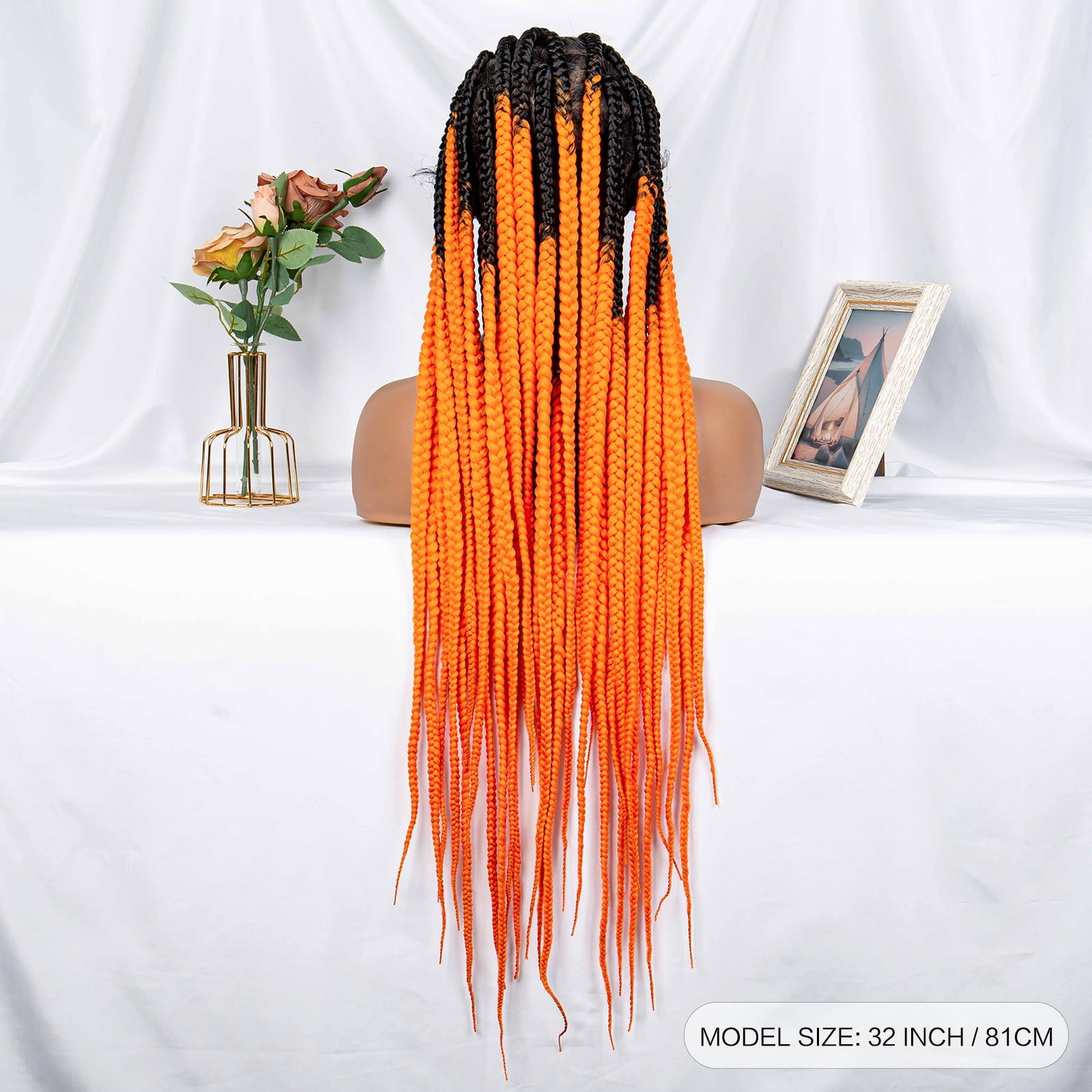Braided Wigs for Women Full Double Lace Braided Wigs Knotless Box Synthetic Lace Front Braided Wigs Cornrow Braids with Baby Hair Handmade Braided Wigs 32 inches (OT/Orange Color)