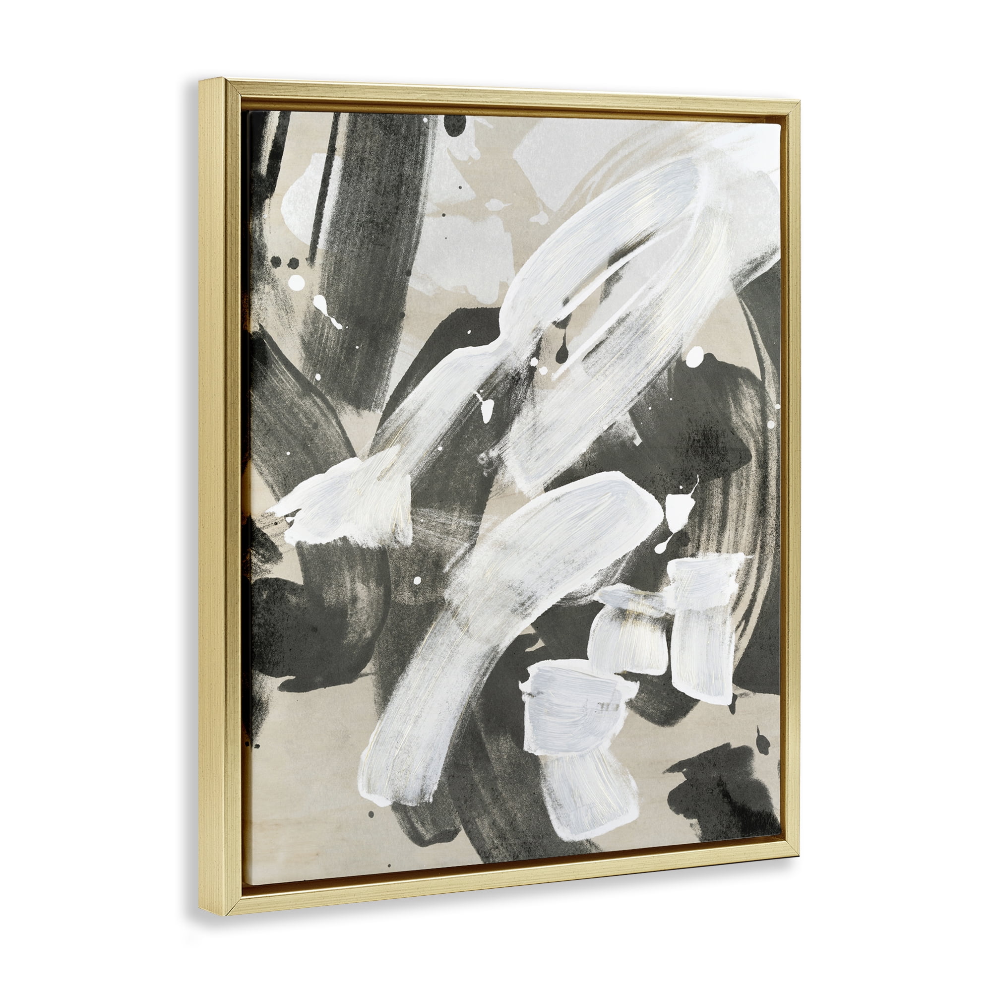 Stupell Industries Modern White Brush Stroke Abstract Painting Gold Floater Framed Canvas Art Print Wall Art, 25 x 31
