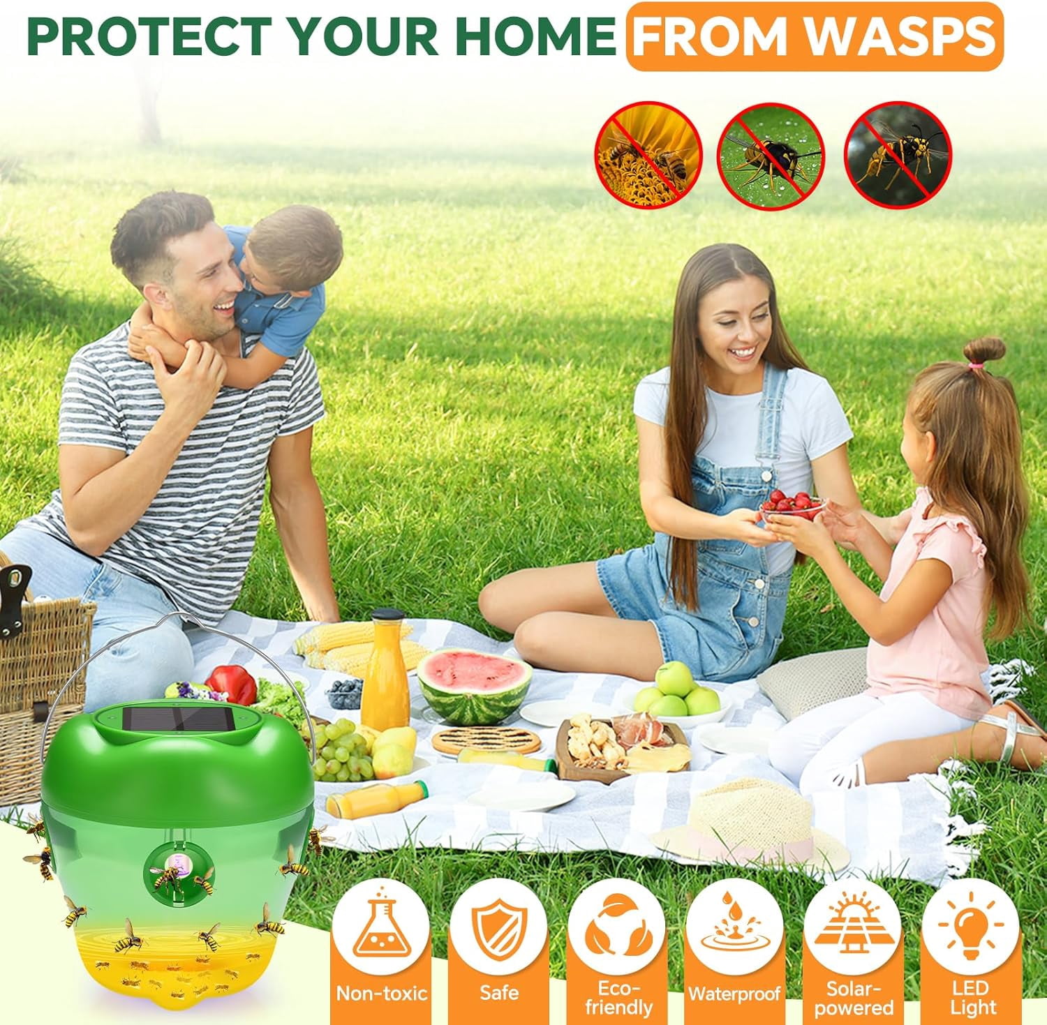 4-PACK Wasp Trap, Solar Wasp Traps Hanging, Reusable Yellow Jacket Trap with LED Light, Bee Hornet Traps for Outside Orchard, Farm, Garden, Patio, Courtyard (Green)